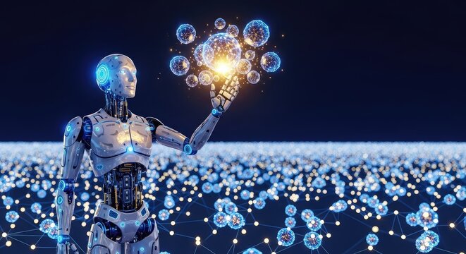 A sophisticated metallic robot gathers glowing digital data points from an expansive field of light representing community connection nodes, strategy, hardware, blue