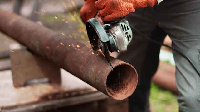 Construction specialist cuts damaged steel pipeline with angle grinder during repair operation outdoors. Bright sparks, industrial tools illustrate infrastructure maintenance and engineering service
