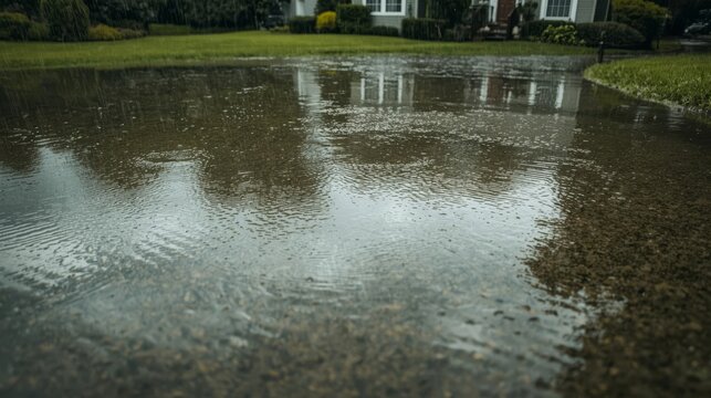 Flooded Lawn During Heavy Rain Natural Disaster Concept