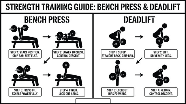 Fitness strength training guide bench press and deadlift exercise technique