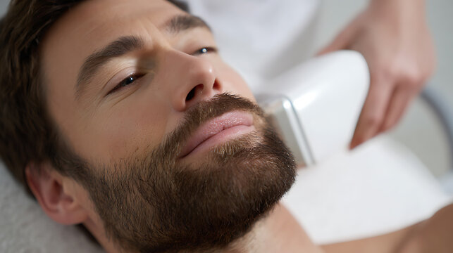 Close-up of a handsome man with a beard receiving a modern facial hair removal treatment from a professional technician in a clean spa environment