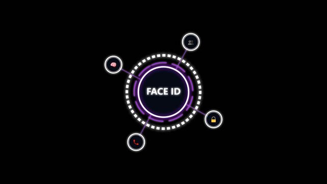 Face ID biometric security interface concept with hud elements and icons on black bg