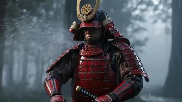 A samurai warrior in traditional red armor stands stoically in a misty forest, water droplets splashing around him.