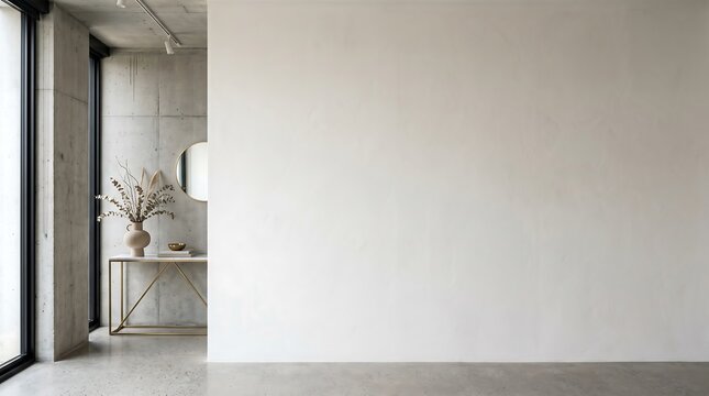 Wide Angle Minimalist Interior Mockup with Blank White Wall, Concrete Pillar and Modern Console Table with Mirror