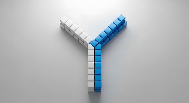 Blue and white cubes arranged in a Y formation representing a strategic merger or decision path on a grey surface. Ideal for corporate presentations and financial consulting marketing.