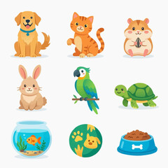 Naklejka premium Grid of charming cartoon pets and accessories: dog, cat, hamster, bunny, parrot, turtle, fish, paw, food bowl.