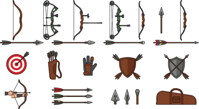 Detailed Archery Equipment Icon Set with Bow Arrow Quiver Glove Shield Arrowhead Target and Leather Case Gear Illustrations
