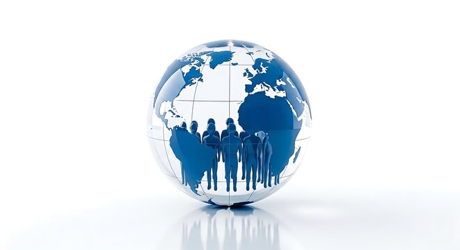Crystal globe containing professional silhouettes stands on a bright white surface with minimalist composition and high-key lighting. Ideal for international trade presentations.