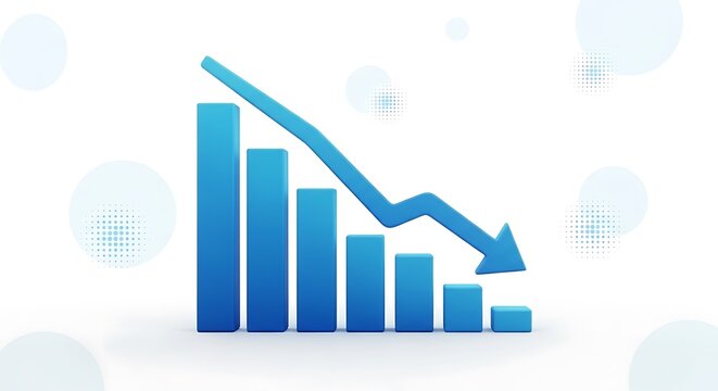 Decreasing bar graph with a downward blue arrow signifies financial loss on a bright white background. Sharp focus on three-dimensional bars creates a professional look for fiscal reports.