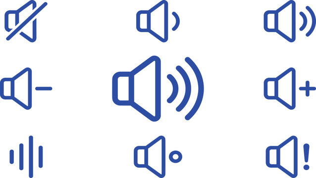 Blue Outline Speaker and Volume Control Vector Icon Set with Mute, Low, High, and Alert Sound Symbols