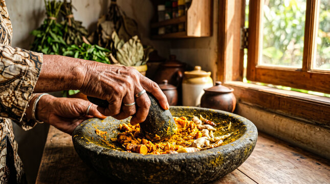 Close Up of Hands Grinding Traditional Spices and Turmeric in Stone Mortar