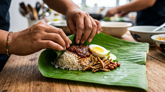Close Up of Hands Wrapping Nasi Lemak in Fresh Green Banana Leaf