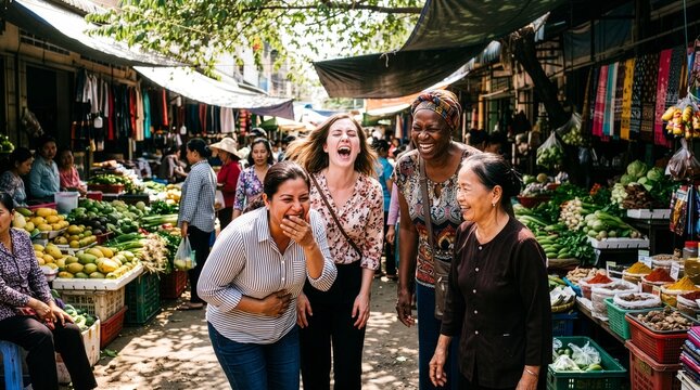 Candid uncontrollable laughter spreading through diverse women at outdoor market, joyful connection