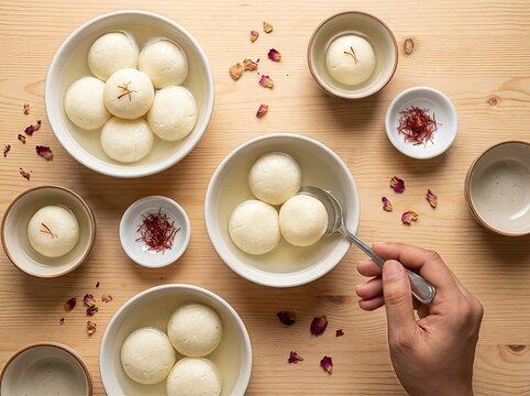 Overhead shot of a hand serving Rasgulla, a traditional Indian sweet, from a bowl, with several other bowls of the dessert and garnishes on a wooden table.