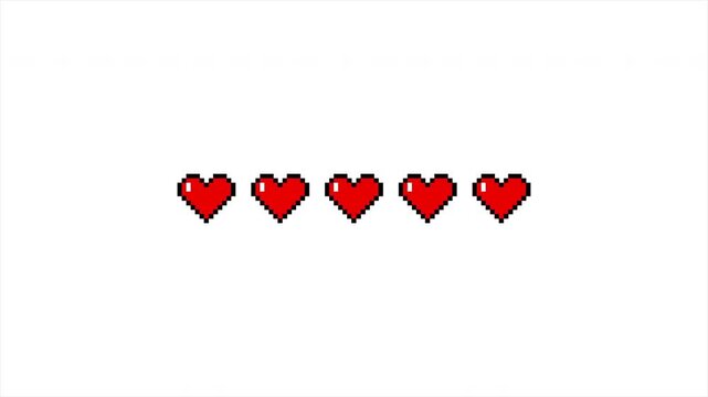 Retro 8-Bit Pixel Art Health Bar Animation with Five Heart Icons Filling Up on White Background 4k video