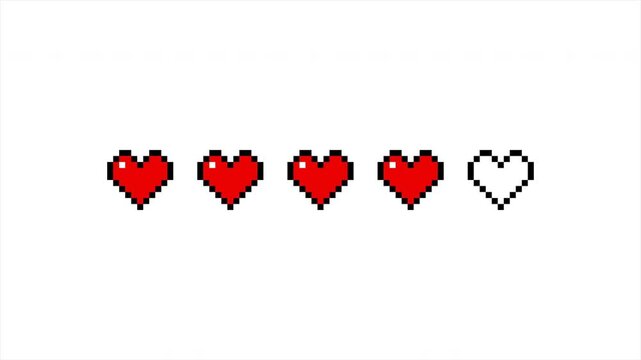 Retro 8-Bit Pixel Art Health Bar Animation with Five Heart Icons Filling Up on White Background for Gaming UI and Life Points 4k video