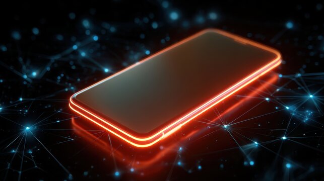 Smartphone on technology background. Neon glowing mobile phone on abstract dark background. Futuristic network connection