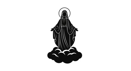 Virgin Mary silhouette stands with open arms upon a cloud formation in this symbolic religious illustration depicting grace and divine presence. © Berkah