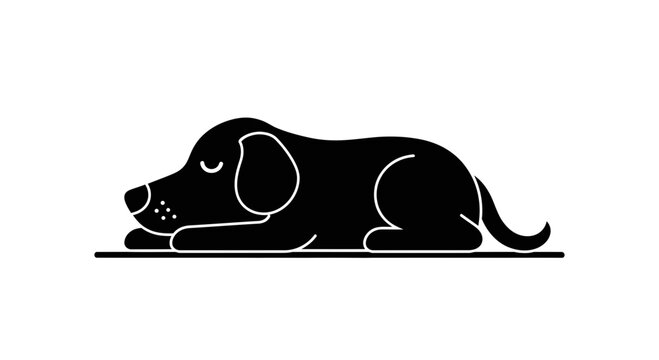 Dog silhouette rests in a peaceful sleeping position on a horizontal line representing a floor surface in this simple black and white graphic illustration for veterinary branding.