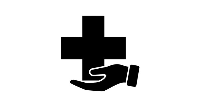 Medical cross icon rests inside a human hand silhouette, representing professional healthcare support, charitable aid, and the commitment to patient wellness.