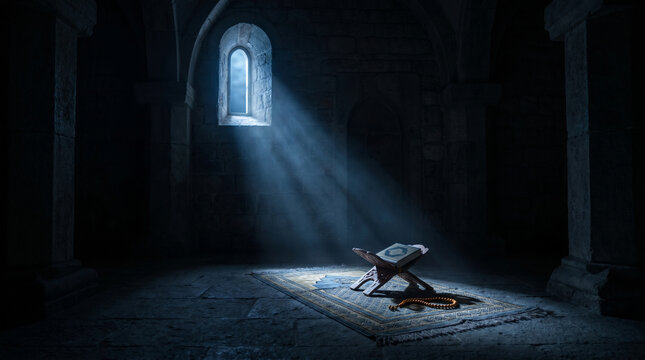 Interior of a mosque with an open holy book and prayer beads on a rug emotional tahajjud salat dua