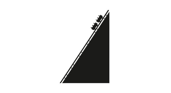 Funicular railway climbs a steep incline on a track in this minimalist black and white graphic illustration.