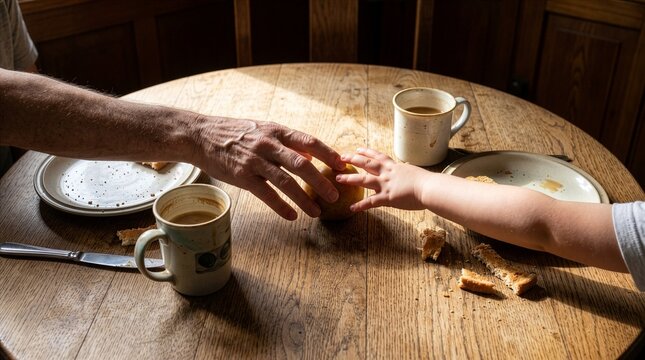 Candid intergenerational hands reaching across breakfast table, family bond and connection