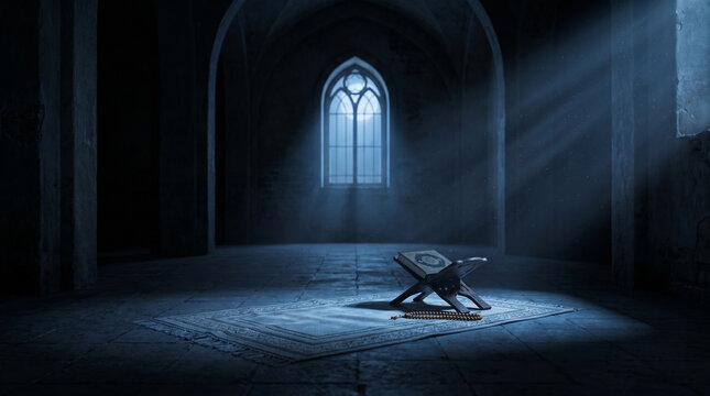 Islamic prayer room interior with quran and tasbih beads on carpet dramatic lighting beautiful tahajjud salat rug