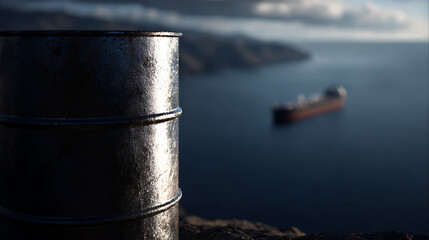 Naklejka premium Industrial Barrel with Ocean View and Vessel: Representing Global Energy, Commerce, and Environmental Concerns on a Dramatic Seascape