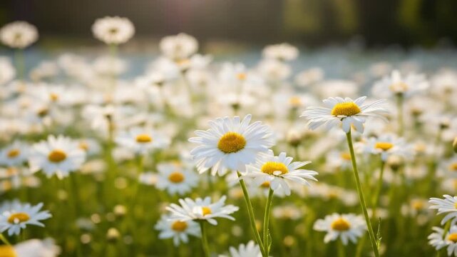 Field of white daisies with yellow centers in soft sunlight.