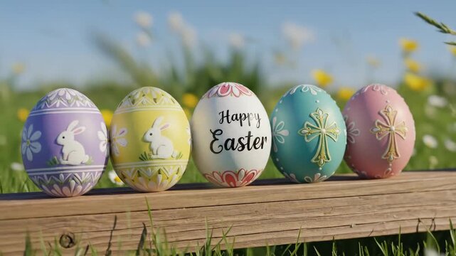 Five Decorated Easter Eggs Lined Up on a Wooden Surface Outdoors.