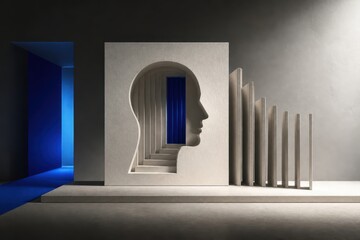 Fototapeta premium Minimal abstract architectural installation with blue light and human head silhouette cutout in a modern interior space