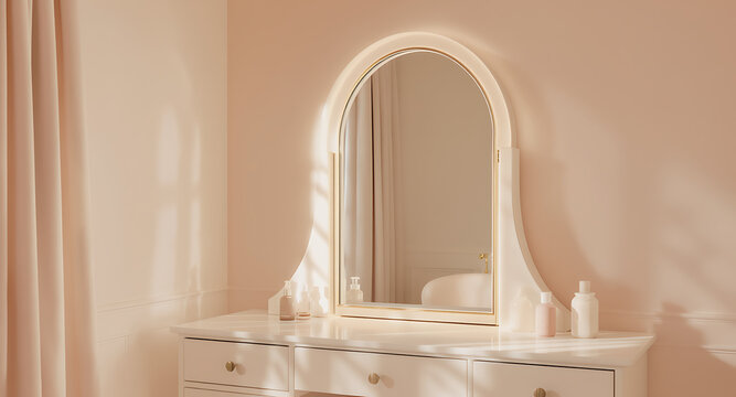 Elegant White Dressing Table with Arched Mirror in a Softly Lit Room.