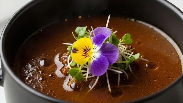 Gourmet Beef Consomme Soup Garnished with Edible Pansy Flower and Microgreens in a Modern Black Bowl for Fine Dining Restaurant Menu Presentation