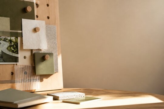 Minimalist product display mood board with paper samples and wooden pins for ecommerce branding and packaging presentation