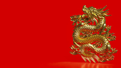 Fototapeta premium Golden Chinese Dragon On Red Background 3d render.
