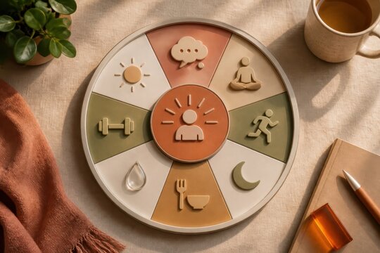 Wellness balance concept with circular lifestyle icons for health fitness mindfulness and daily routine planning