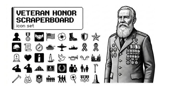 Veteran Honor Scraperboard Black White-Medal Weathered Face Proud-Service Human Vector-Veteran Icon Scraperboard-Humanity Design Set