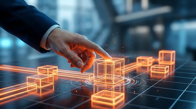 Businessman's hand interacts with glowing futuristic holographic cubes and data streams, visualizing digital transformation and innovative technology solutions.