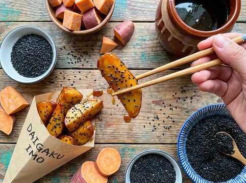 Daigaku Imo Japanese Candied Sweet Potatoes with Black Sesame Seeds.