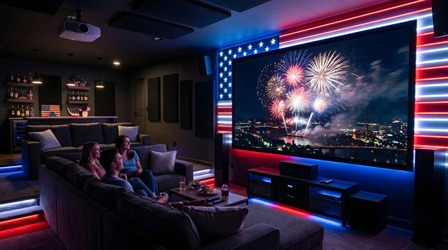 Family watching Fourth of July fireworks on home theater screen
