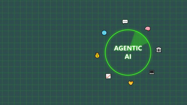 Agentic AI concept with a radar scanning icons on a dark green digital grid backdrop