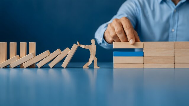 Conceptual representation of crisis management with wooden figure stopping falling dominoes while human hand builds stable wall for business resilience and strategy