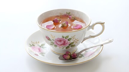 Fototapeta premium Elegant porcelain teacup with herbal rose tea served on a matching saucer