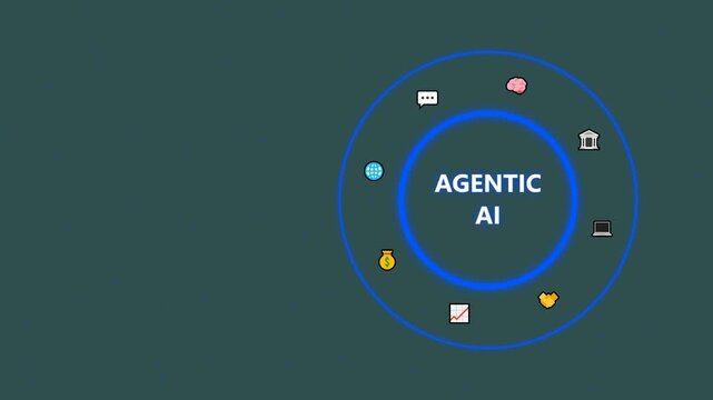 Agentic ai technology concept with rotating icons representing various applications.