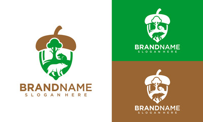 Eco friendly brand logo featuring a bear and dog under a tree inside an acorn © Tegar