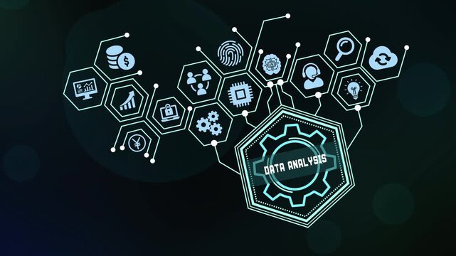 Data analysis and business intelligence concept dashboard with abstract digital network interface icons showing statistics research and analytics
