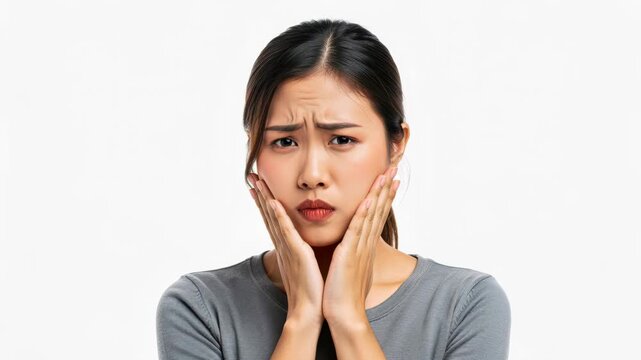 Concerned Woman's Expression: A young Asian woman, with a deeply furrowed brow and hands pressed to her cheeks, conveys an intense feeling of worry or distress, her eyes wide with concern.