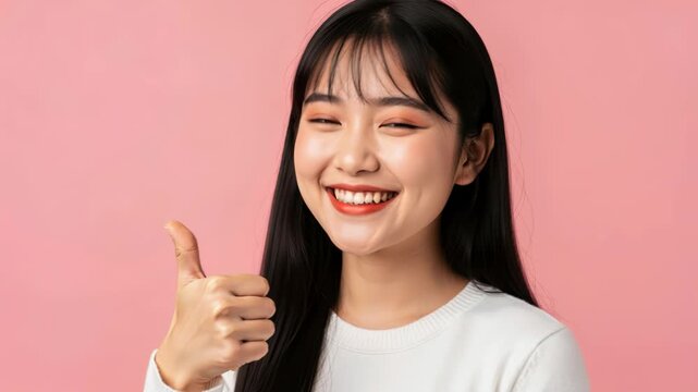 Joyful Expression: A young woman with long dark hair and a warm smile gives a thumbs-up, radiating positivity and happiness against a soft pink background.