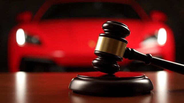 Auction gavel with red sports car.